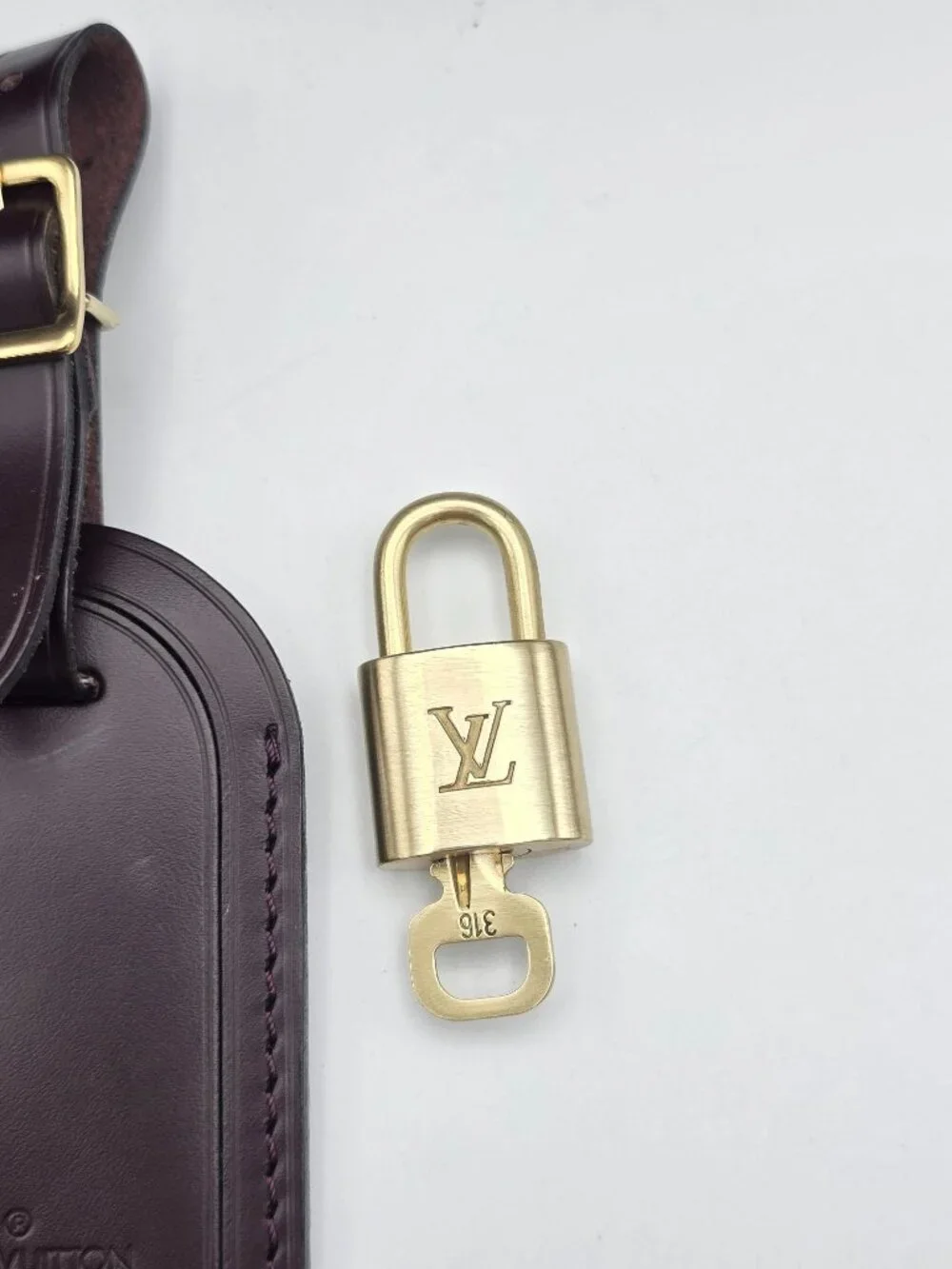 Authentic Louis Vuitton Brown Luggage Tag & Gold Padlock with Key-Made in France